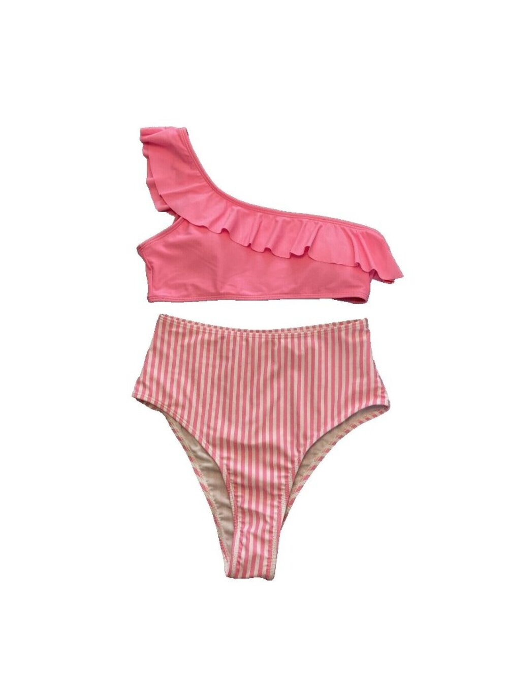 Womens Ruffle One Shoulder Bikini  Sz S Swimwear High Waist Barbiecore